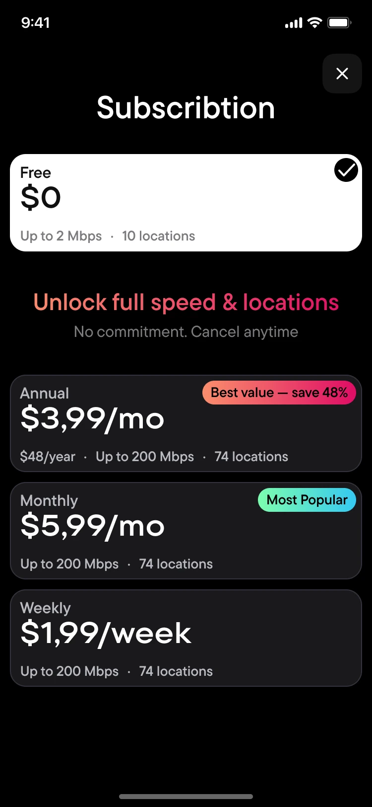 subscription screen